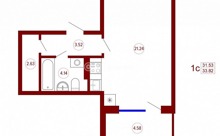 1-комнатная квартира, 33.82 м2, эт. 4, id: 728373, фото 18
