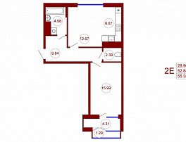 2-комнатная квартира, 55.38 м2
