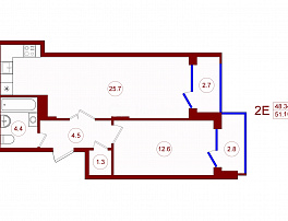 2-комнатная квартира, 51.1 м2