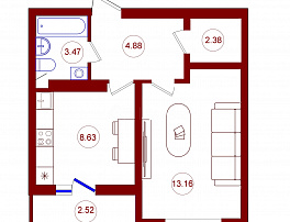 1-комнатная квартира, 33.78 м2