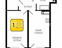 1-комнатная квартира, 42.77 м2