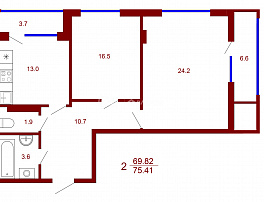 2-комнатная квартира, 75.41 м2