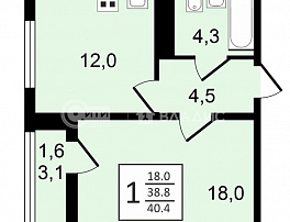 1-комнатная квартира, 40.4 м2