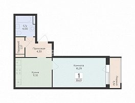 1-комнатная квартира, 39.01 м2