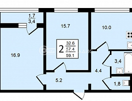 2-комнатная квартира, 59.1 м2