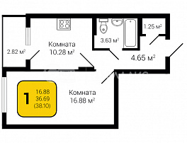 1-комнатная квартира, 38.1 м2