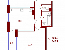 2-комнатная квартира, 72.55 м2
