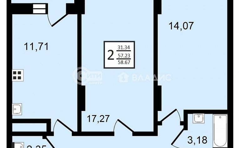 2-комнатная квартира, 58.67 м2, эт. 2, id: 758508, фото 16