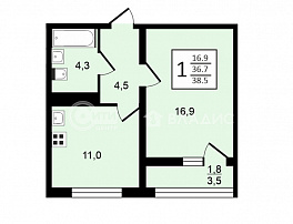 1-комнатная квартира, 38.5 м2