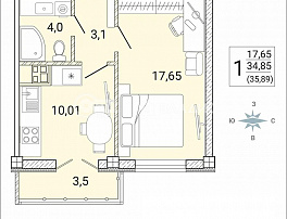 1-комнатная квартира, 35.89 м2