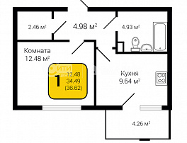 1-комнатная квартира, 36.62 м2