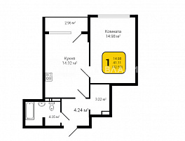 1-комнатная квартира, 42.59 м2