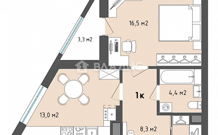 1-Комнатная квартира 43.90м², эт. 2, фото 4