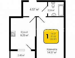 1-комнатная квартира, 32.87 м2