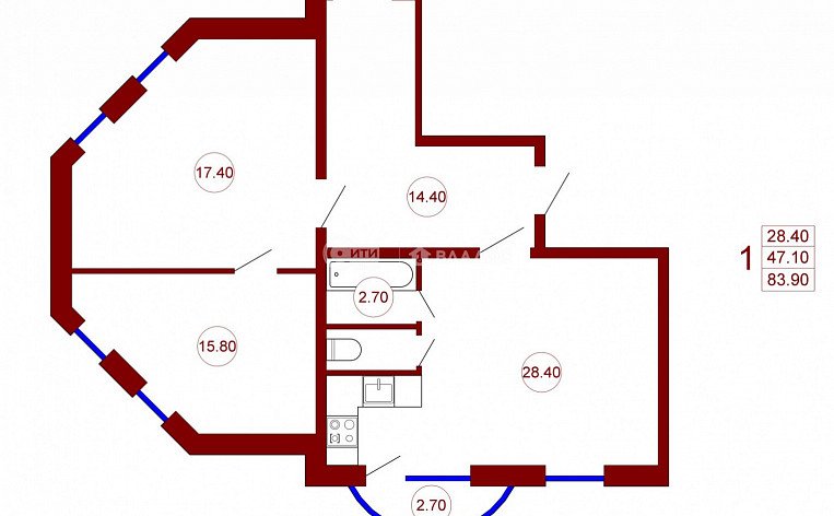 1-комнатная квартира, 47.1 м2, эт. 6, id: 733283, фото 7
