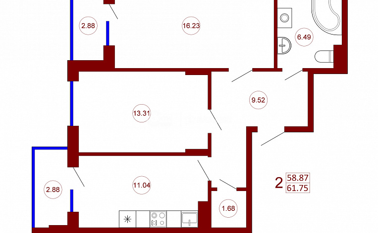 2-комнатная квартира, 61.75 м2, эт. 13, id: 722364, фото 6