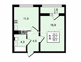 1-комнатная квартира, 38.3 м2