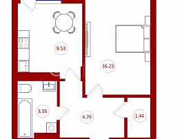 1-комнатная квартира, 36.56 м2