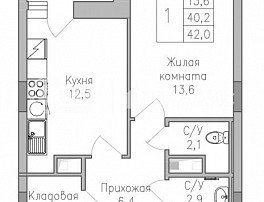 1-комнатная квартира, 42 м2