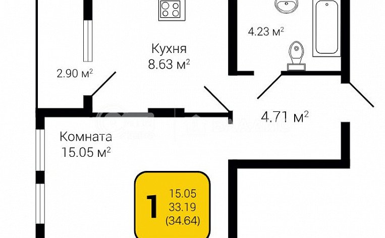 1-комнатная квартира, 34.64 м2, эт. 4, id: 1033183, фото 12