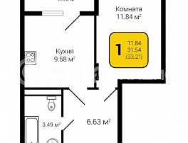 1-комнатная квартира, 33.21 м2