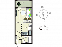 1-комнатная квартира, 26.68 м2