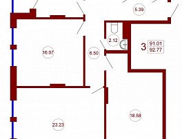 3-комнатная квартира, 92.77 м2
