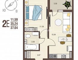 1-комнатная квартира, 37.04 м2