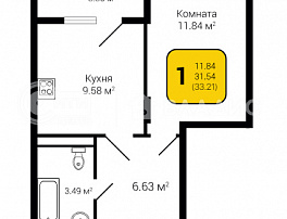 1-комнатная квартира, 33.21 м2