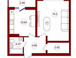 1-комнатная квартира, 39.62 м2