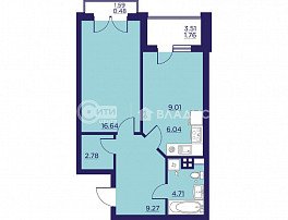 1-комнатная квартира, 50.69 м2