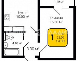 1-комнатная квартира, 34.3 м2