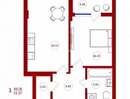 1-комнатная квартира, 51.37 м2