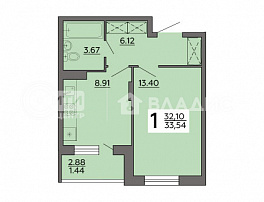 1-комнатная квартира, 33.54 м2