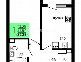 1-комнатная квартира, 37.28 м2
