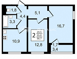 2-комнатная квартира, 56.7 м2