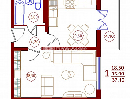 1-комнатная квартира, 37.1 м2