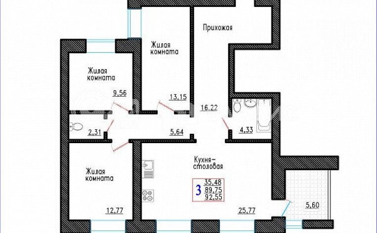 3-комнатная квартира, 92.55 м2, эт. 2, id: 735536, фото 3