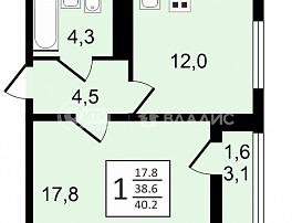 1-комнатная квартира, 40.4 м2