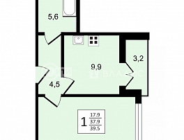 1-комнатная квартира, 39.5 м2