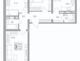 3-комнатная квартира, 75.9 м2