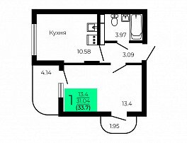 1-комнатная квартира, 33.7 м2