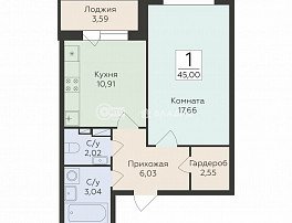 1-комнатная квартира, 45 м2