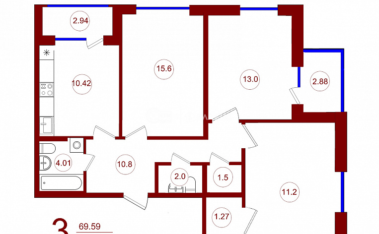 3-комнатная квартира, 72.5 м2, эт. 7, id: 771376, фото 8