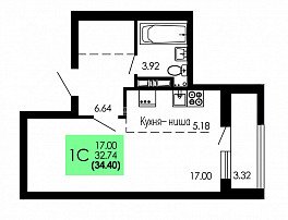 1-комнатная квартира, 34.4 м2