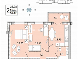 2-комнатная квартира, 59.47 м2