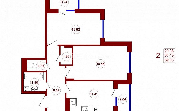 2-комнатная квартира, 59.13 м2, эт. 11, id: 937665, фото 6