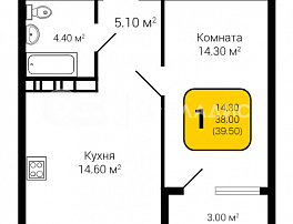 1-комнатная квартира, 39.5 м2