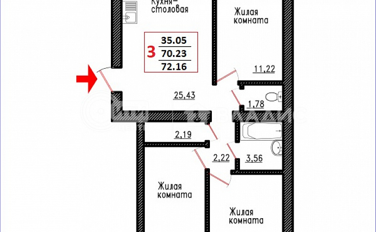 3-комнатная квартира, 72.16 м2, эт. 3, id: 735717, фото 3