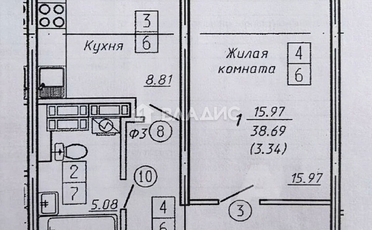 1-Комнатная квартира 38.70м², эт. 3, фото 13